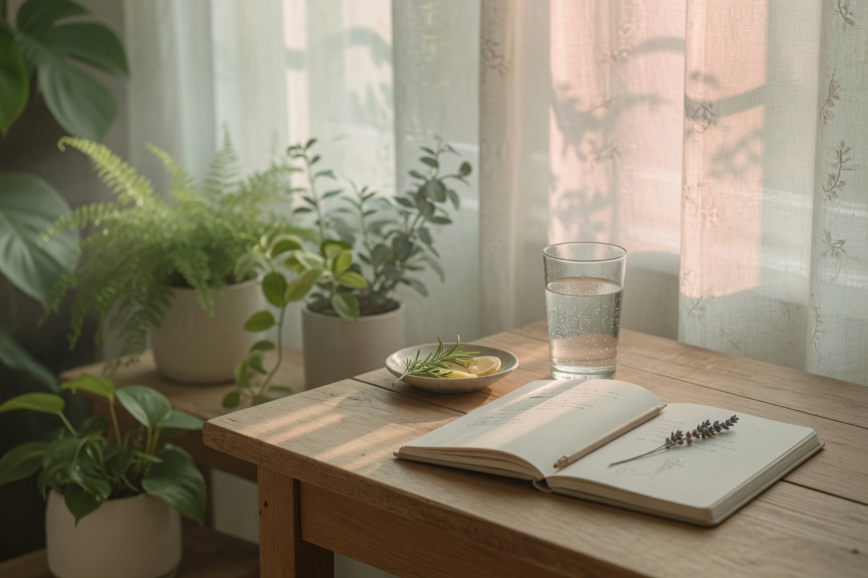 Calm daily longevity lifestyle — morning light, journaling, hydration